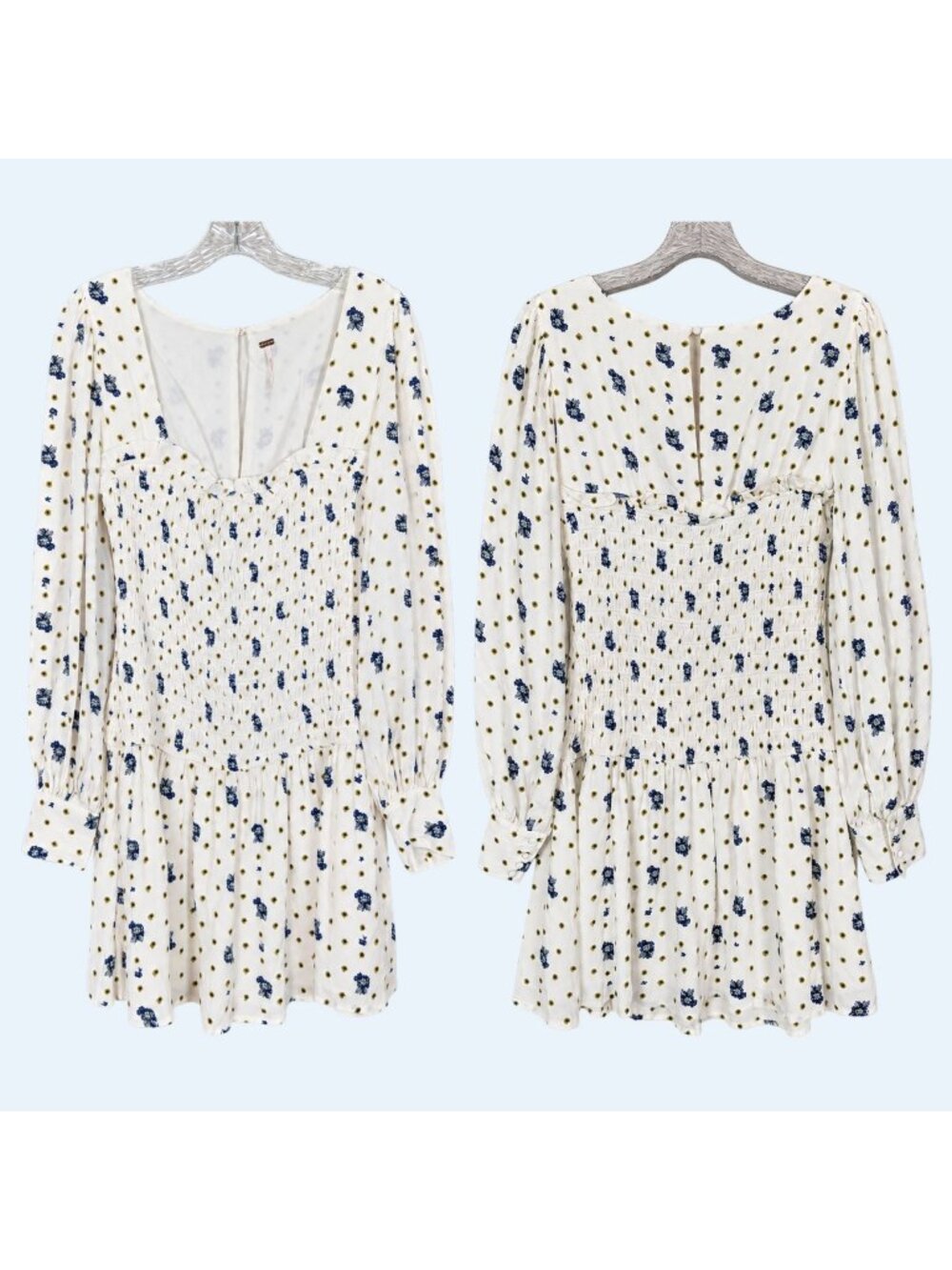 Free People Two Faces long sleeve floral smocked drop waist mini dress size M